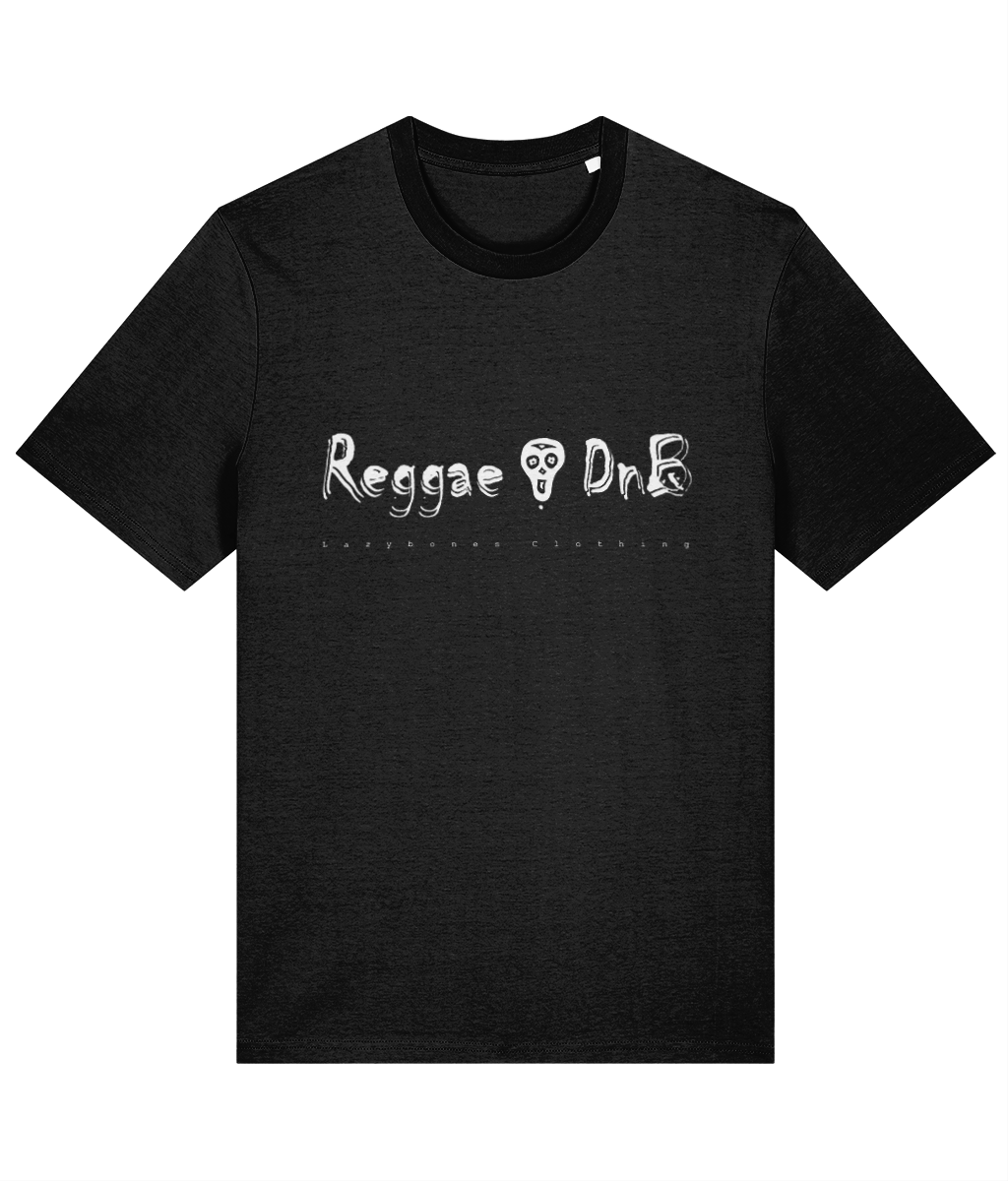 The words reggae DnB divided by the Lazybones skull. Below it says Lazybones clothing. The artwork and text are in white on a black T-shirt.