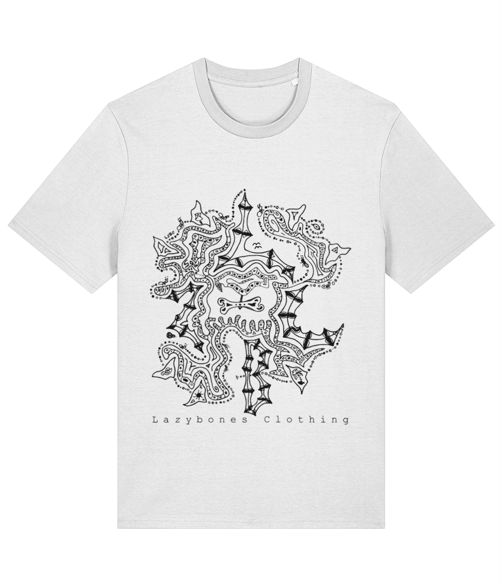 An intricate design with the letters lzbc hidden plus a small skull and the lzbc logo. Lazybones Clothing is written at the bottom. The text and artwork is in black and its on a white T-shirt.