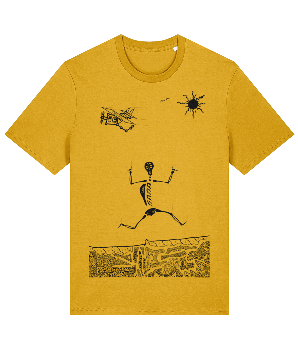 Spectra yellow organic cotton round-neck T-shirt featuring black artwork of a skeleton skydiving out of a plane, showing the fingers in a rock symbol. Ethically made and sustainably sourced, this design blends bold adventure with eco-friendly fashion.