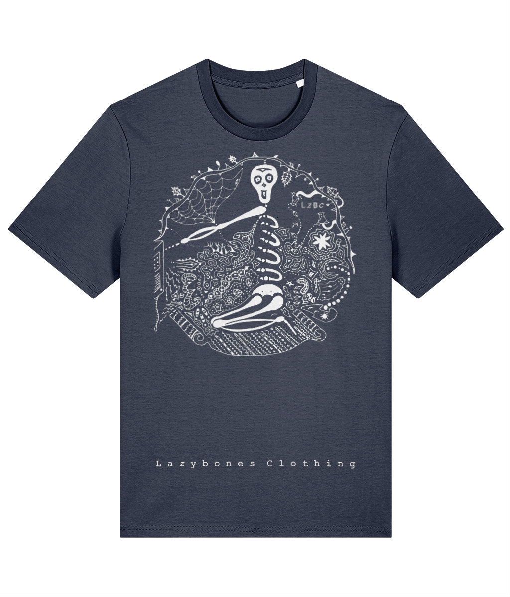 This is the third Lazybones skeleton drawing. It's skeleton kneeling down on a flying carpet turning off a TV with lots of doodles around it. It's a round design with the words Lazybones Clothing at the bottom. The text and image are in white on a India ink grey T-shirt.