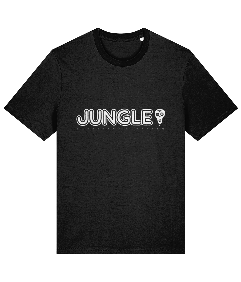 The word Jungle in capital letters with a skull to the side. Below if says lazybones Clothing with spaced out letters. The text and artwork are in white on a black t-shirt