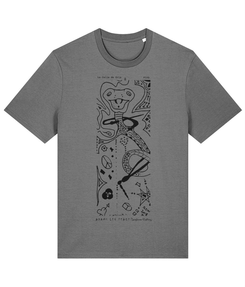 The design features a snake coiled around a skeleton's leg, with a self-inflicted needle through its neck. The words La Calle de Gris are at the top. At the bottom there are the words Adams Leg Peace and then it says Lazybones Clothing in brackets. The artwork and text are in black on a mid heather grey super soft organic cotton T-shirt.