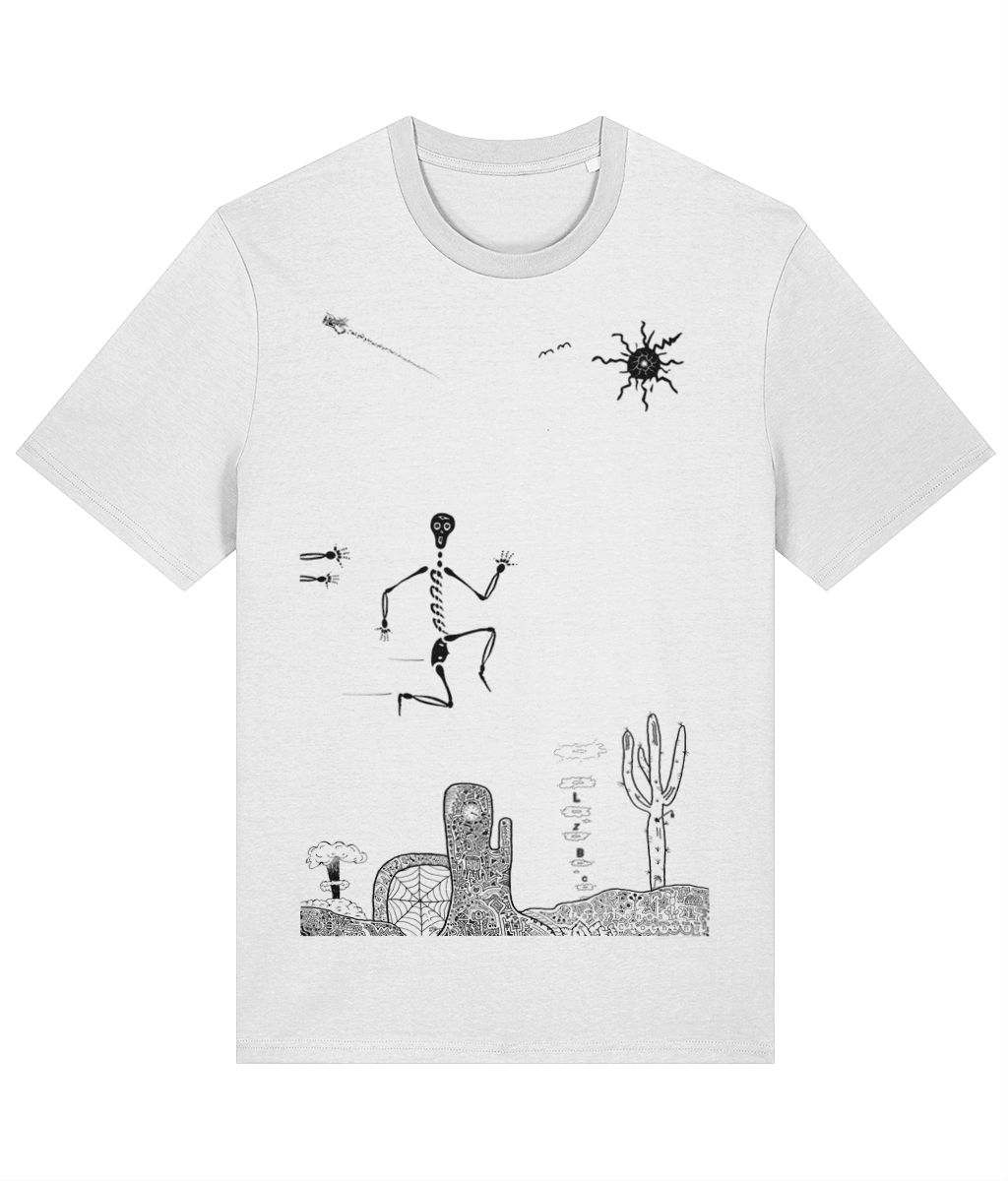 White organic cotton round-neck T-shirt featuring black artwork of a skeleton mid-air, running from an unseen figure with only arms visible. Set in a road runner-inspired landscape with symbolic smoke rings and a nuclear bomb cloud. Ethically made and sustainably sourced, this design blends adventure and symbolism.