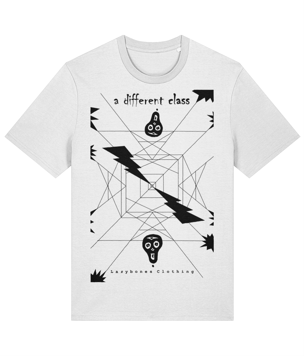 Symmetrical T with two skulls and a electric. The text and artwork are in black on a white t-shirt.