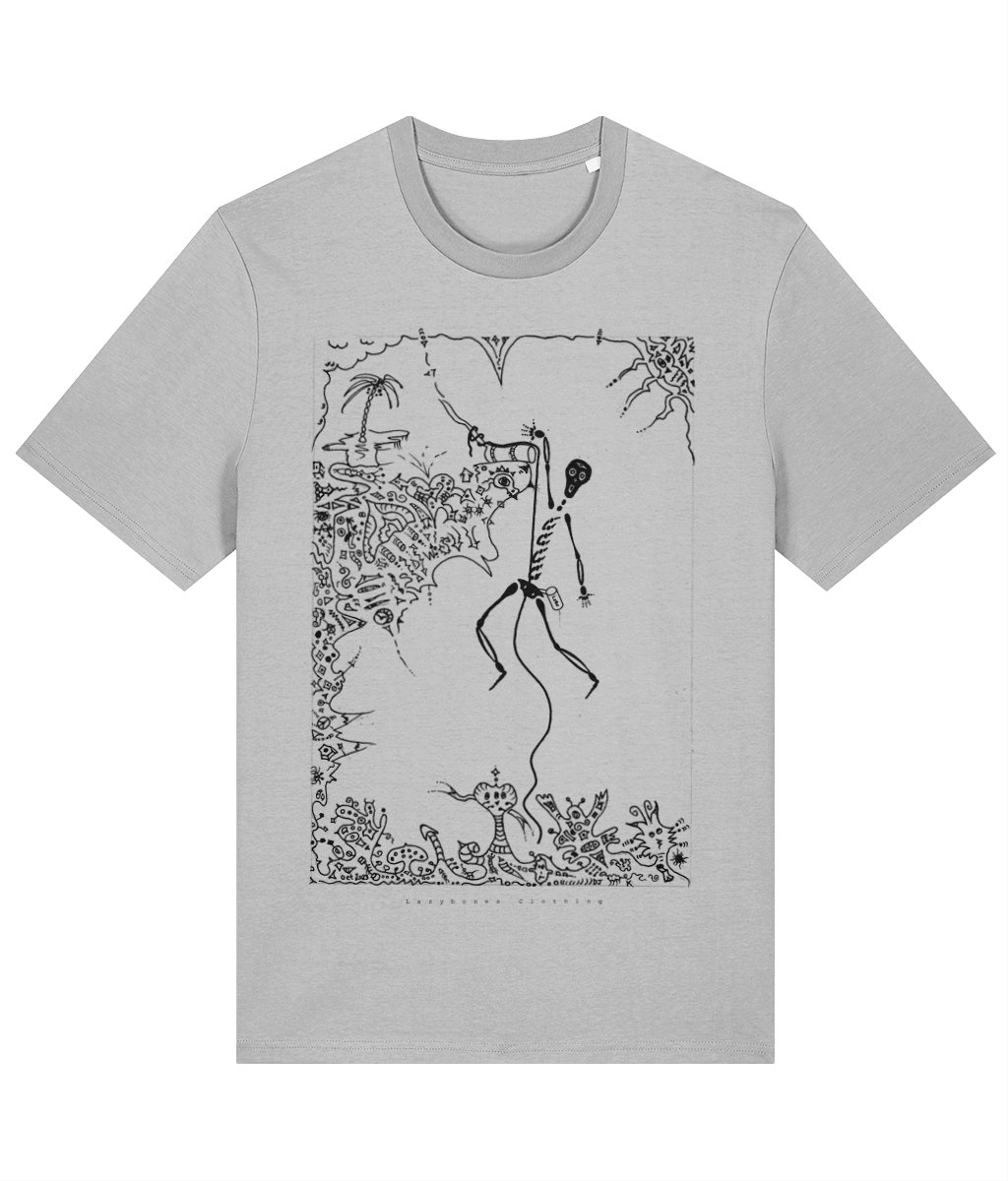 Heather grey gym-colored organic cotton round-neck T-shirt featuring black artwork of a skeleton hanging from a rope rock climbing, with the rope beginning to fray and jeopardy all around. Sustainably sourced and ethically made, this design blends adventure and eco-conscious style.