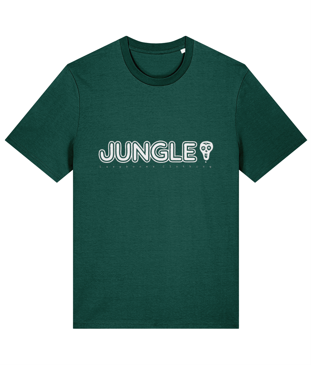 The word Jungle in capital letters with a skull to the side. Below if says lazybones Clothing with spaced out letters. The text and artwork are in white on a dark green t-shirt