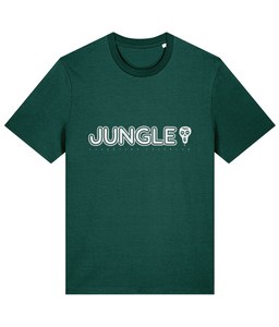 The word Jungle in capital letters with a skull to the side. Below if says lazybones Clothing with spaced out letters. The text and artwork are in white on a dark green t-shirt