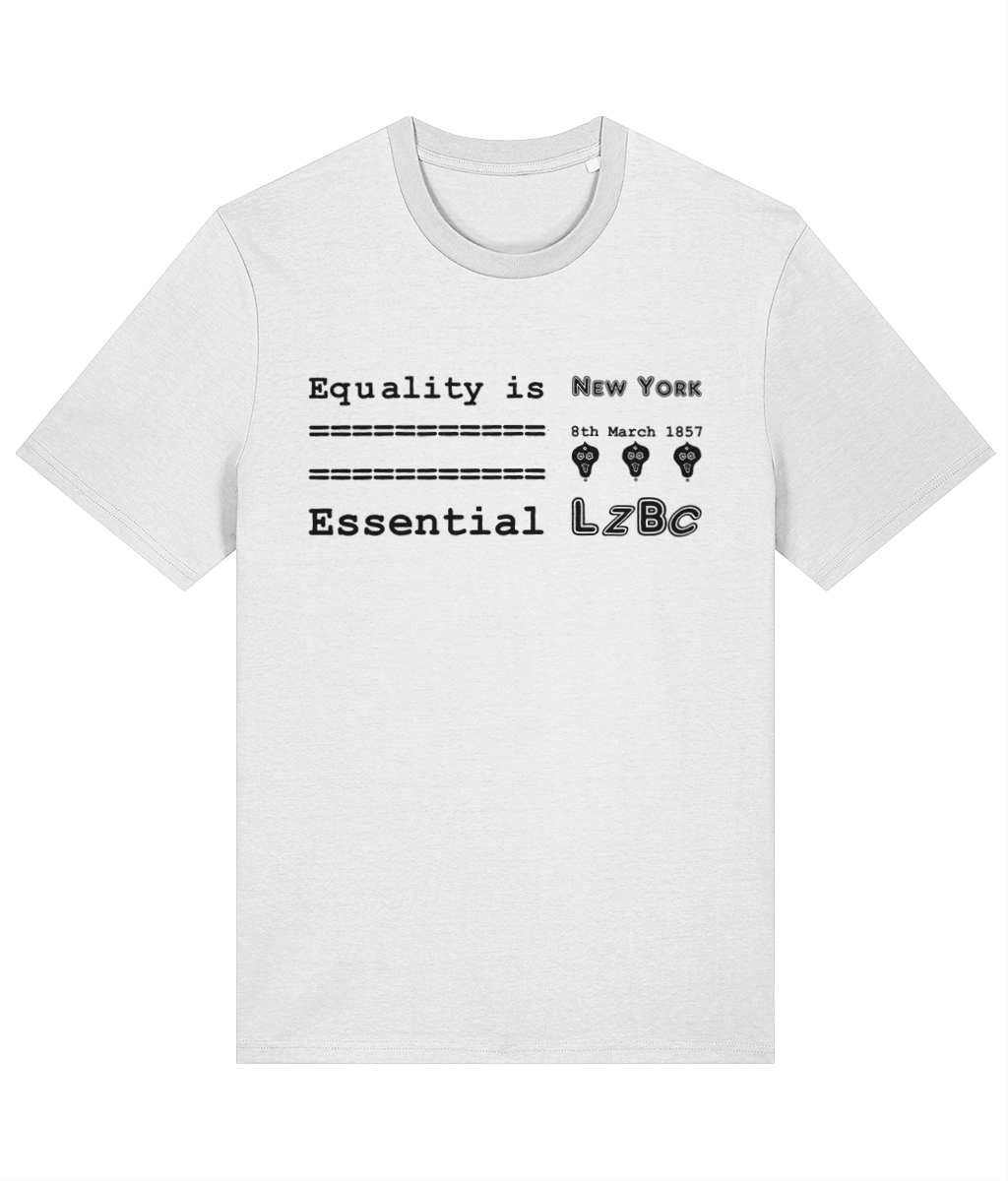 A T-shirt with a chest slogan dedicated to world women’s day that’s says equality is essential on the front with the date 8th March 1857 (the first women’s day) with three lady skulls in black on a white T-shirt.