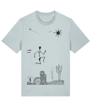 Ice blue organic cotton round-neck T-shirt featuring black artwork of a skeleton mid-air, running from an unseen figure with only arms visible. Set against a road runner-inspired landscape, the scene includes symbolic smoke rings, a nuclear bomb cloud, and an airplane soaring overhead. Sustainably sourced and ethically made, this design blends surreal adventure with environmental symbolism.