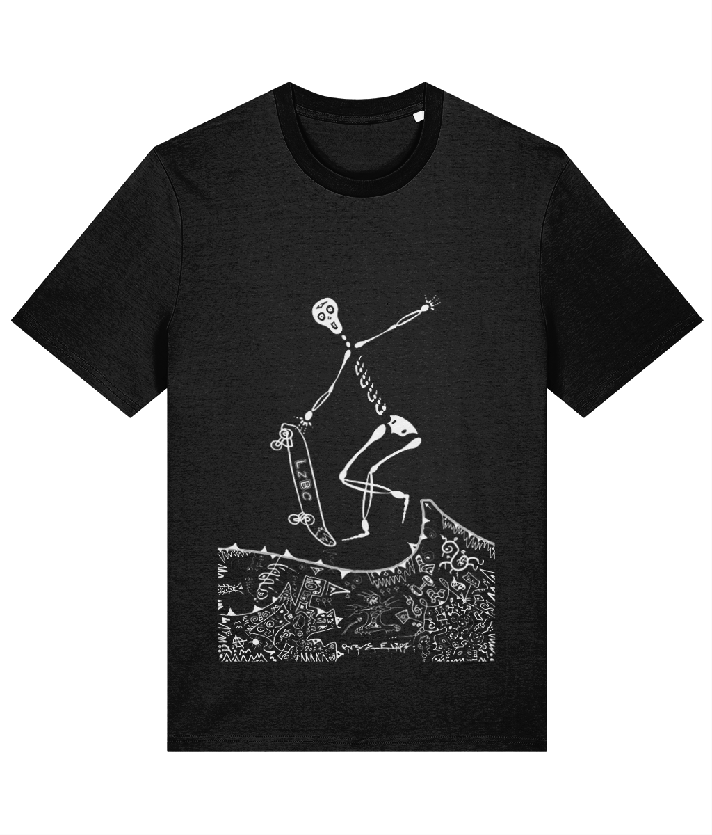 Black organic cotton round-neck T-shirt featuring white artwork of a skeleton skateboarding over a surreal landscape. Sustainably sourced and ethically made, this design combines bold adventure with eco-conscious style and creativity