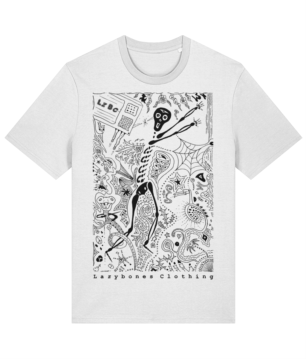 This is the very first lazybones clothing design. It depicts a skeleton throwing a TV with lots of doodles around it. For example there is a smiling snaked wrapped round one leg. The words Lazybones Clothing are at the bottom. The text and image are in black on a white T-shirt.