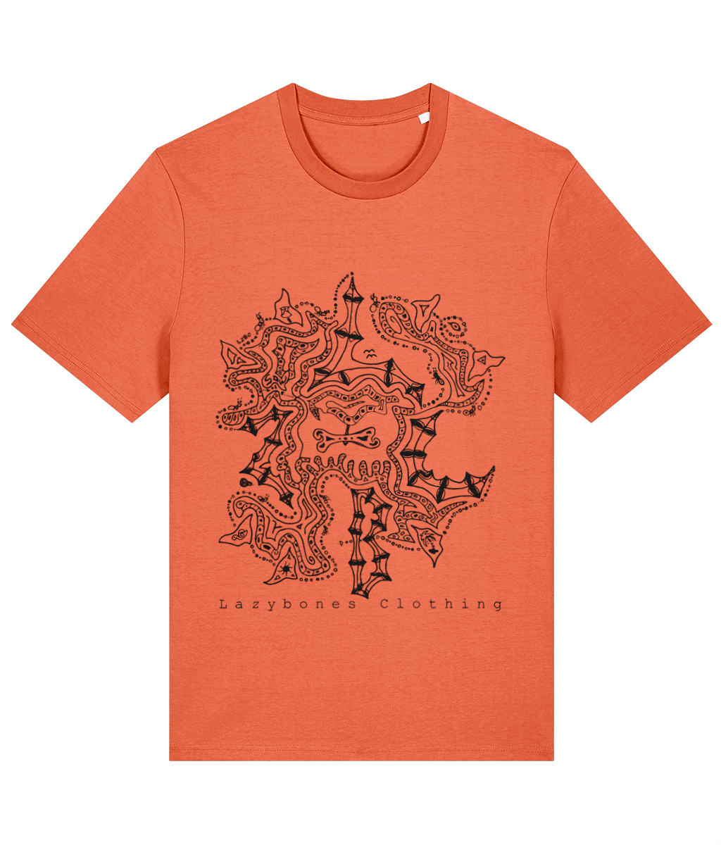 An intricate design with the letters lzbc hidden plus a small skull and the lzbc logo. Lazybones Clothing is written at the bottom. The text and artwork is in black and its on a fiesta orange T-shirt.