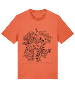 An intricate design with the letters lzbc hidden plus a small skull and the lzbc logo. Lazybones Clothing is written at the bottom. The text and artwork is in black and its on a fiesta orange T-shirt.