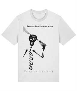 White organic cotton crew-neck T-shirt featuring black artwork of a skeleton washing its thoughts out with a water pistol, a love heart bullet at the centre. Sustainably sourced and ethically made, this design combines dark humour with a juxtaposed message of love and release