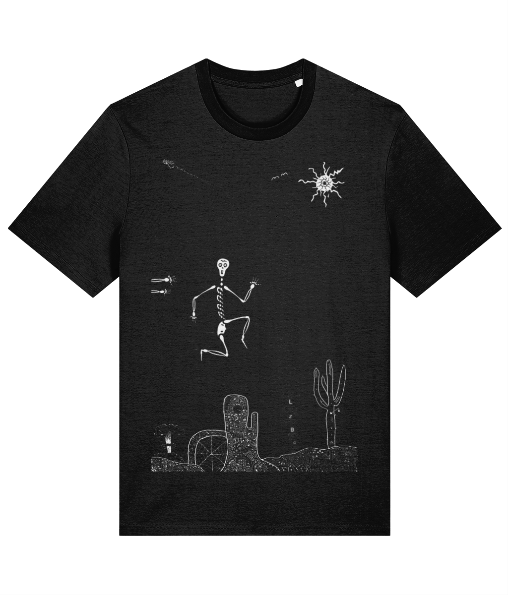 Black organic cotton round-neck T-shirt featuring white artwork by a unique T-shirt artist, depicting a skeleton mid-air, running from an unseen figure with only arms visible. Set in a road runner-inspired landscape with symbolic smoke rings, a nuclear bomb cloud, and surreal imagery. Sustainably sourced and ethically made, this design blends adventure with creative storytelling.