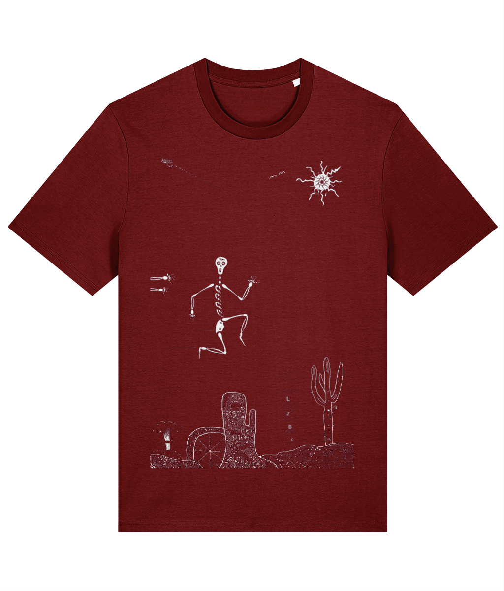 Burgundy organic cotton round-neck T-shirt featuring white artwork by a unique T-shirt artist, showing a skeleton mid-air, running from an unseen figure with only arms visible. Set in a road runner-inspired landscape with symbolic smoke rings and a nuclear bomb cloud. Sustainably sourced and ethically made, this design blends surreal adventure with creative storytelling and eco-friendly style.