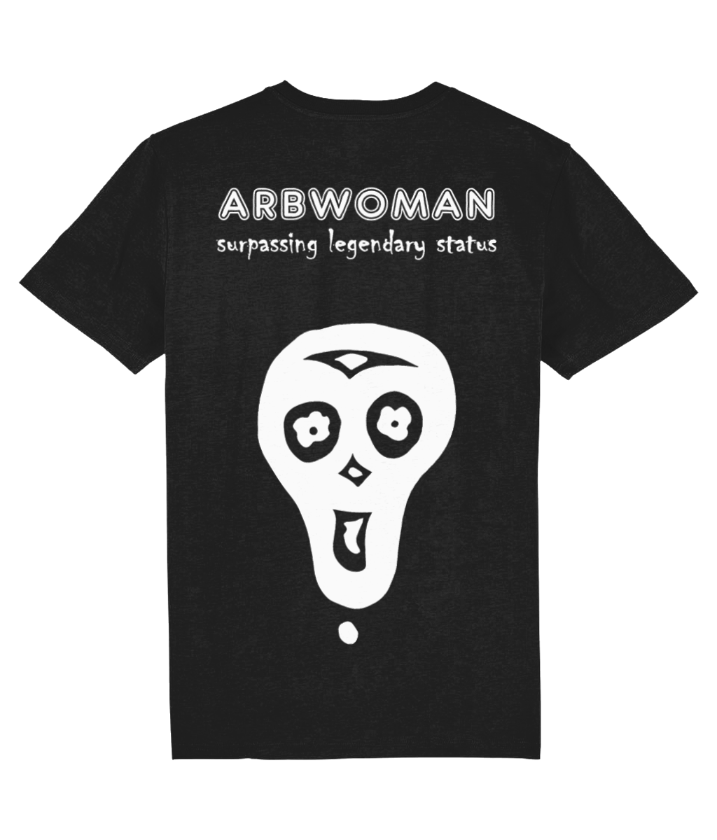 The back of the T-shirt where it says arbwoman in big letters and below it says surpassing legendary status with a big lazybones skull in the middle