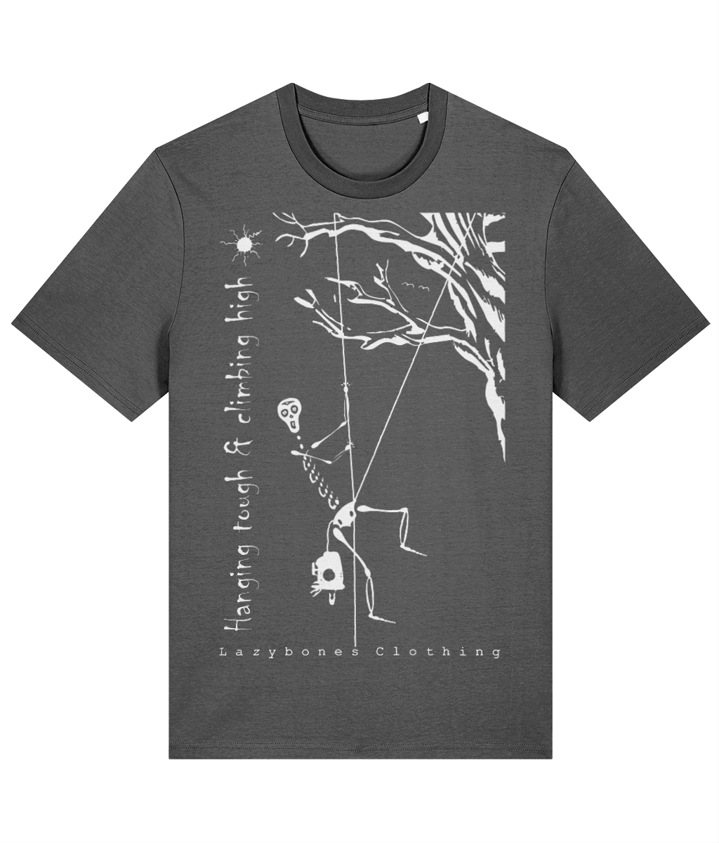 This T-shirt has the words hanging tough and climbing high. It features a skeleton hanging from a rope system from a tree