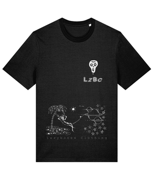 Left chest pocket is a lazybones skull and the letters LZBC. At the bottom of the T-shirt is the lazybones skeleton laying in a hammock which is suspended between a palm tree and a planet surrounded by stars. The text and artwork is in white on a black T-shirt.