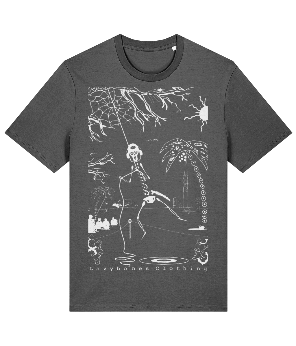 This T-shirt shows a skeleton abseiling from a tree onto a target on the floor. The words lazybones clothing are at the bottom. The artwork and text are in white on an anthracite T-shirt.