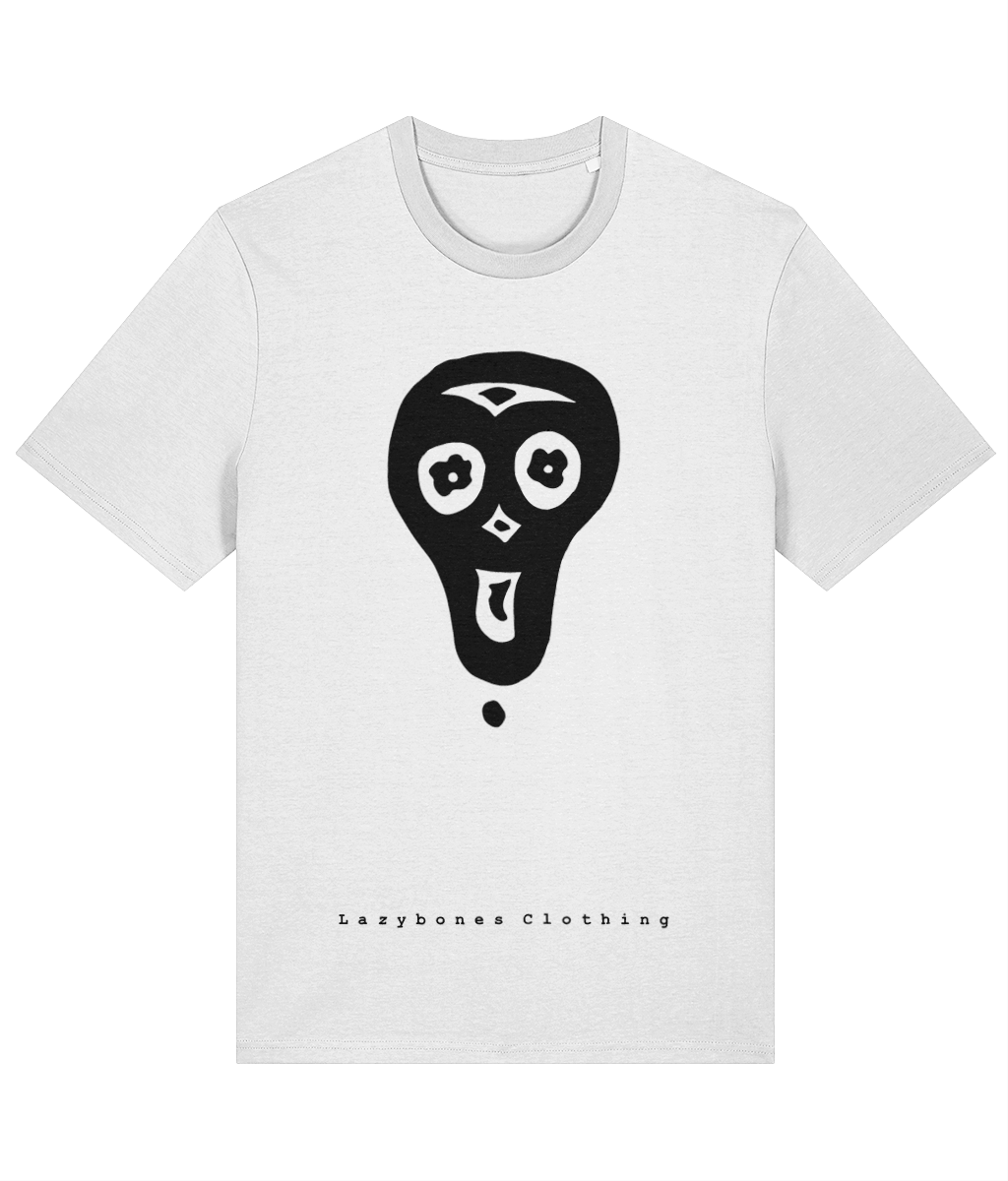 One big skull with the words Lazybones Clothing below, all artwork and text in black on a white T-shirt