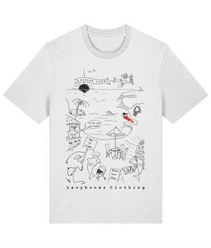 A dolphin and whale protest t-shirt with the sea creatures killing and eating the humans. The design is black on a white t-shirt.