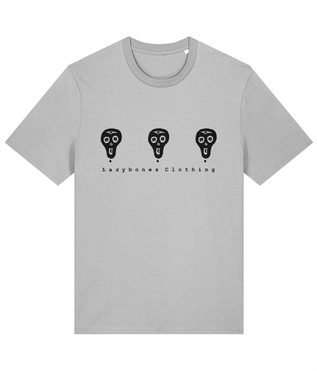 The famous lazybones skulls in triplet with Lazybones Clothing written below, black artwork on a heather grey T-shirt