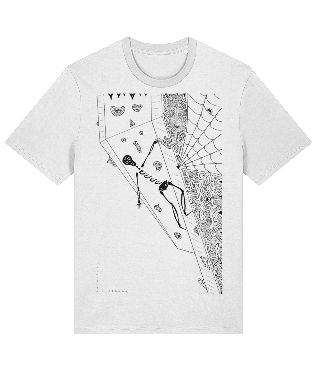 White organic cotton T-shirt featuring black artwork of a skeleton hanging off an indoor bouldering wall. Made from sustainably sourced materials and ethically crafted, this design blends climbing adventure with eco-conscious style.