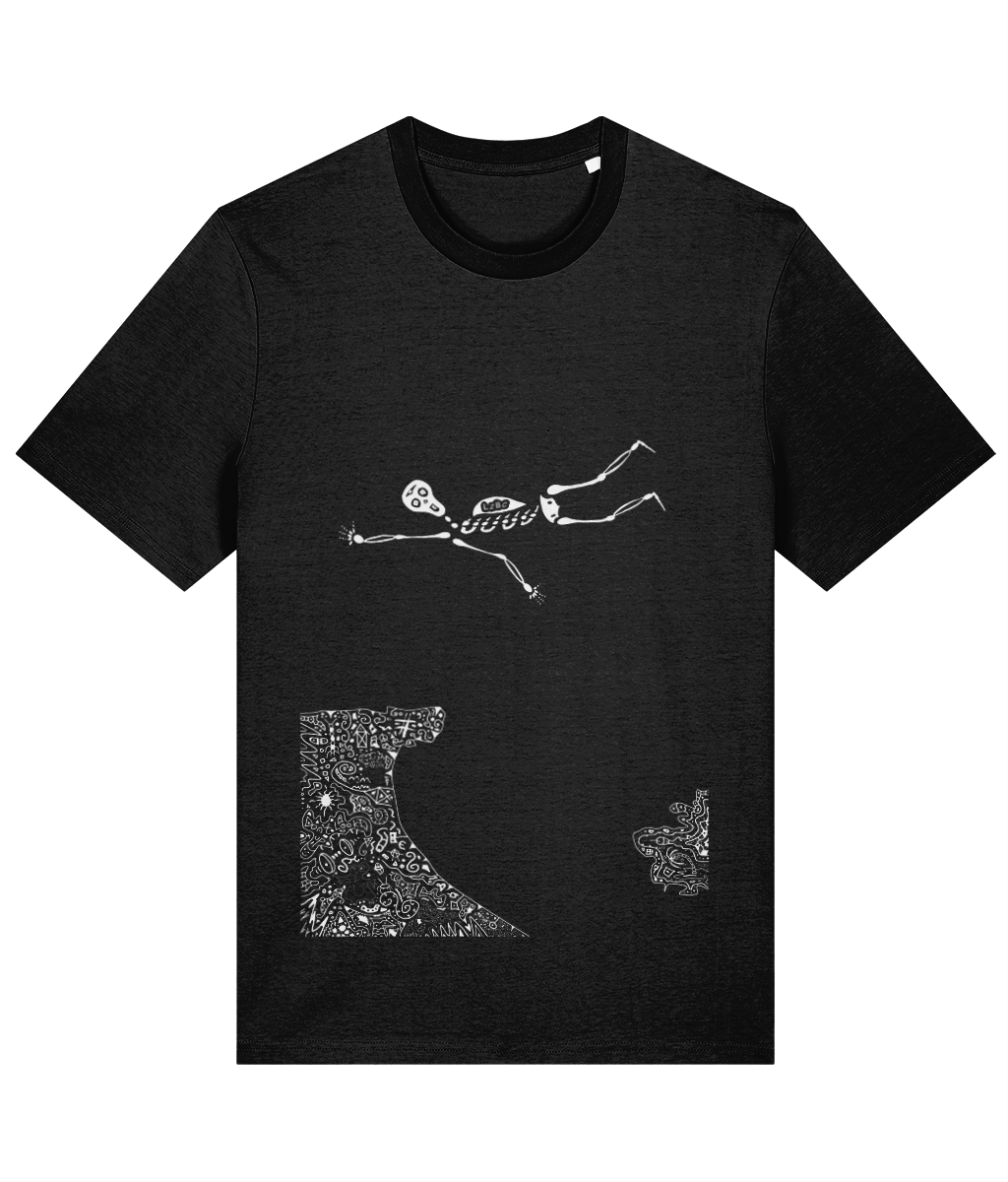 Round-neck organic cotton T-shirt featuring a skeleton skydiver in freefall, avoiding a mysterious town below. Ethically made and sustainably sourced, this soft, stylish tee blends adventure-inspired design with eco-conscious fashion. Black t-shirt with white artwork.