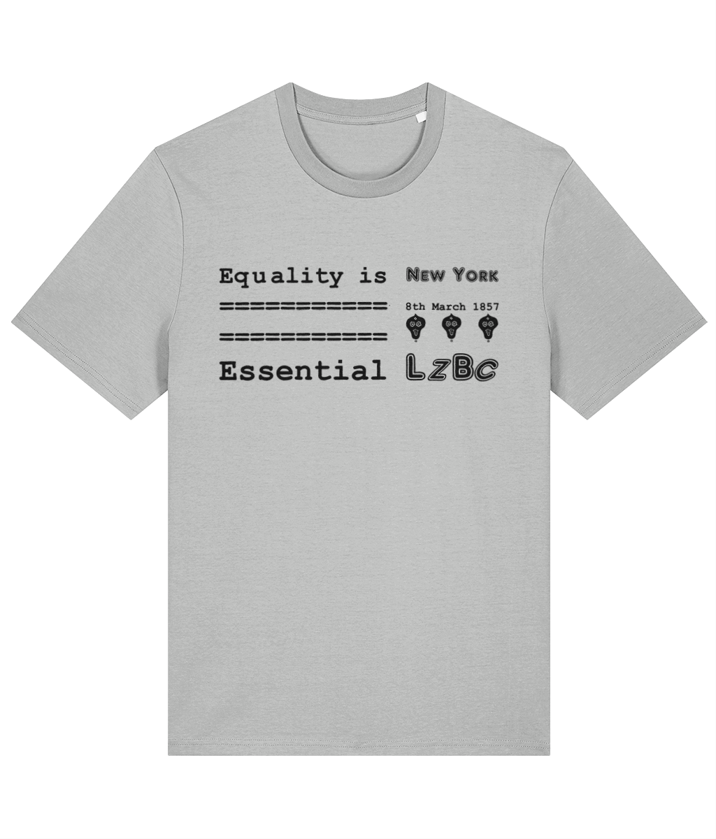 A T-shirt with a chest slogan dedicated to world women’s day that’s says equality is essential on the front with the date 8th March 1857 (the first women’s day) with three lady skulls in black on a heather grey T-shirt.