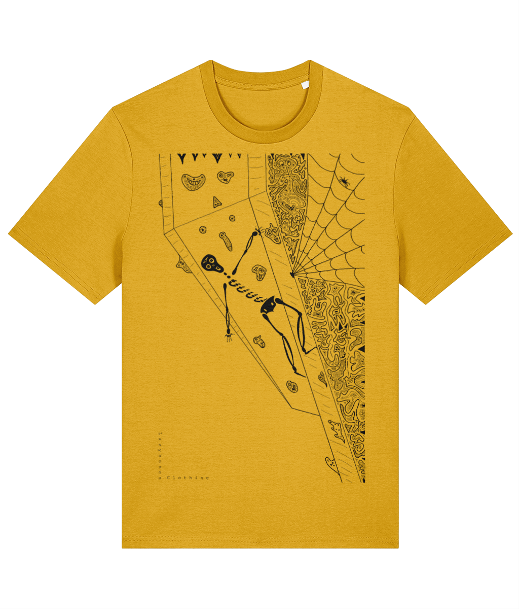 Spectra yellow organic cotton T-shirt featuring black artwork of a skeleton clinging to an indoor bouldering wall. Ethically made and sustainably sourced, this bold design combines climbing-inspired storytelling with eco-friendly fashion.