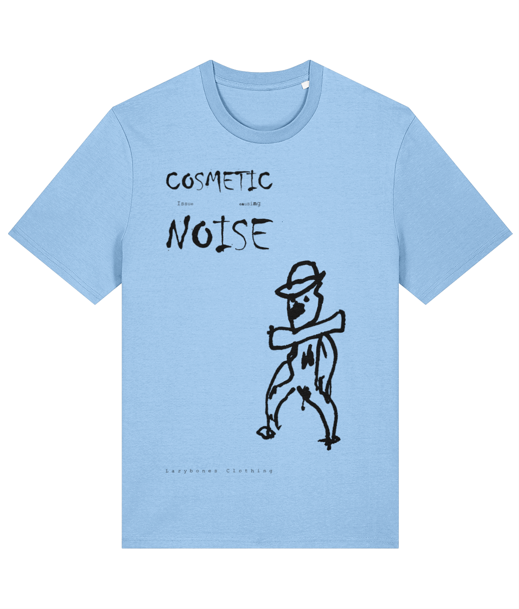 T-shirt featuring a hand-drawn image of a little man wearing a hat, with the slogan "Cosmetic Noise Making Noise" printed below. The shirt is made from 100% organic cotton, ethically sourced, and sustainably produced. The design is playful and quirky, combining artistic expression with eco-friendly fashion choices