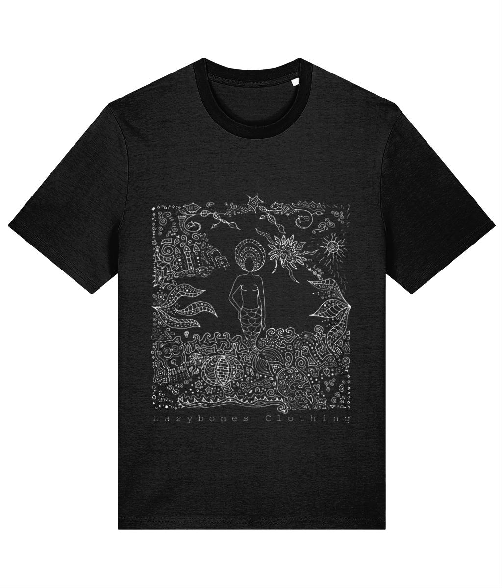 This is a mystical drawing of a mermaid among abstract shapes. Below the artwork is the text Lazybones Clothing. The artwork and text is in white on a black T-shirt.