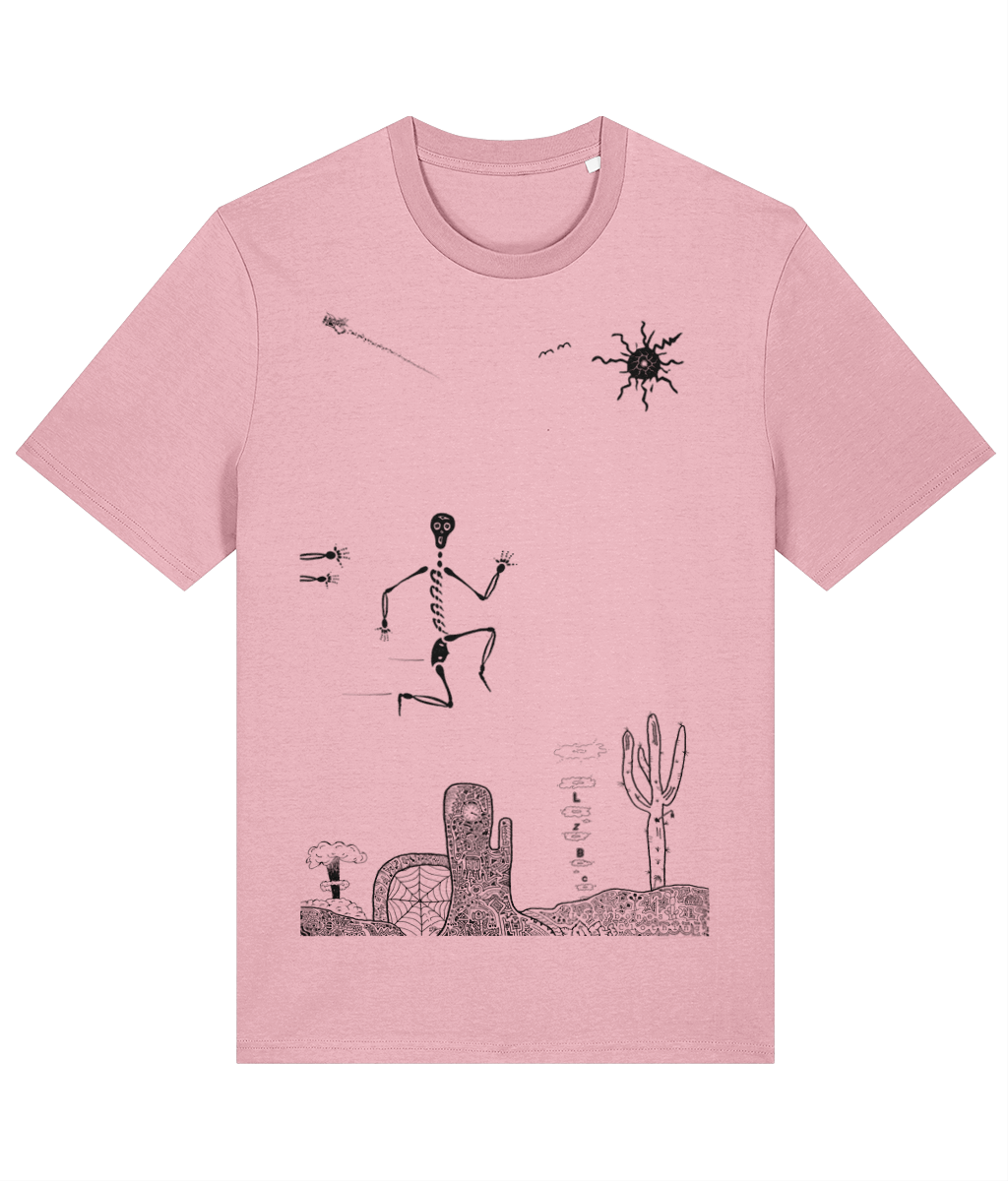 Cotton pink organic cotton round-neck T-shirt featuring black artwork of a skeleton mid-air, running from an unseen figure with only arms visible. Set in a road runner-inspired landscape, with symbolic smoke rings, a nuclear bomb cloud, and an airplane flying in the sky. Sustainably sourced and ethically made, this design combines adventure, symbolism, and eco-conscious style.