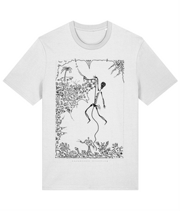 White organic cotton round-neck T-shirt featuring black artwork of a skeleton hanging from a rope rock climbing, with the rope beginning to fray and jeopardy all around. Sustainably sourced and ethically made, this design combines adventure with eco-conscious fashion.