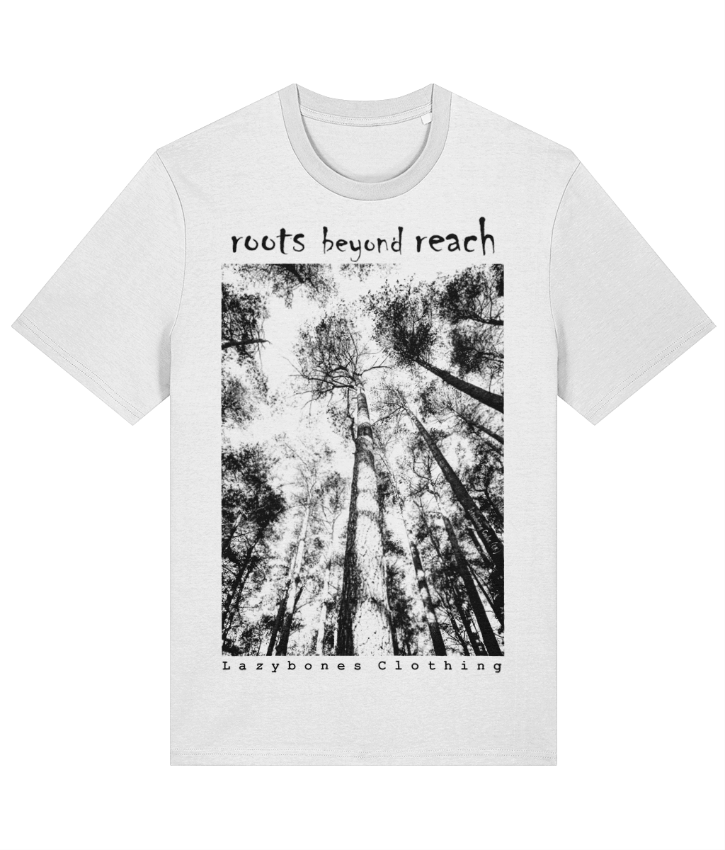 at the top of the t-shirt it says roots beyond reach. below is a photo from the ground looking up at some big trees. below its says lazybones clothing.