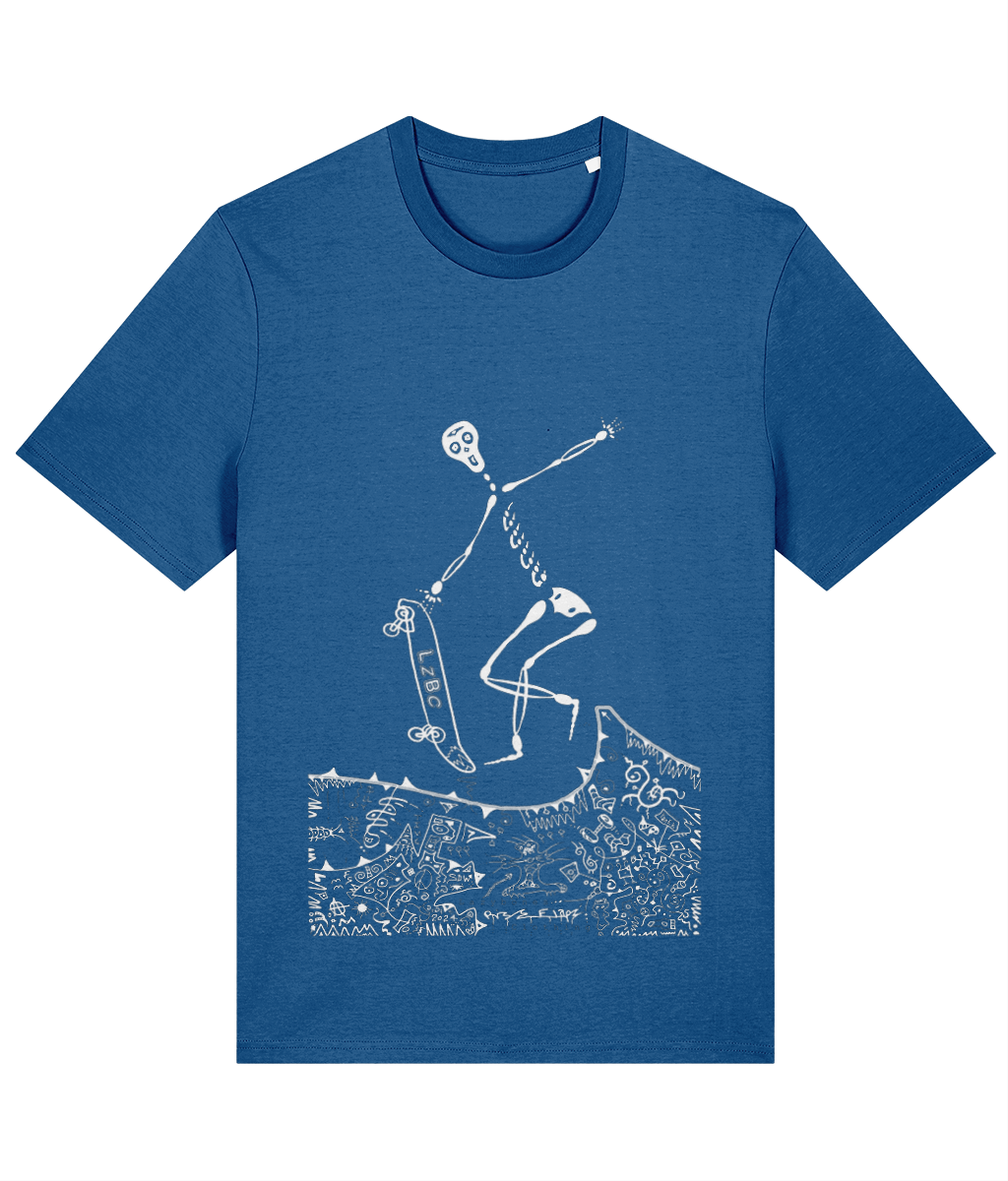 Mindful blue organic cotton round-neck T-shirt featuring white artwork of a skeleton skateboarding over a surreal landscape. Sustainably sourced and ethically made, this design blends creative adventure with eco-conscious fashion.