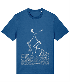 Mindful blue organic cotton round-neck T-shirt featuring white artwork of a skeleton skateboarding over a surreal landscape. Sustainably sourced and ethically made, this design blends creative adventure with eco-conscious fashion.