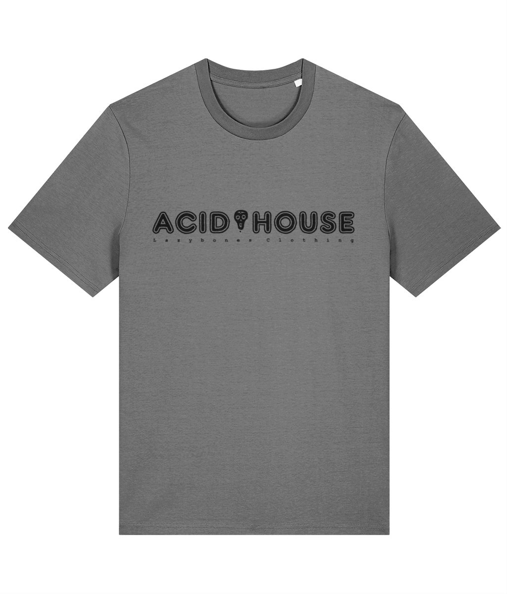 The words acid house in capital letters separated by a skull. Below it says lazybones Clothing with spaced out letters. The text and artwork are in black on a mid grey t-shirt