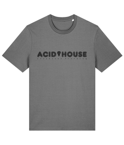 The words acid house in capital letters separated by a skull. Below it says lazybones Clothing with spaced out letters. The text and artwork are in black on a mid grey t-shirt