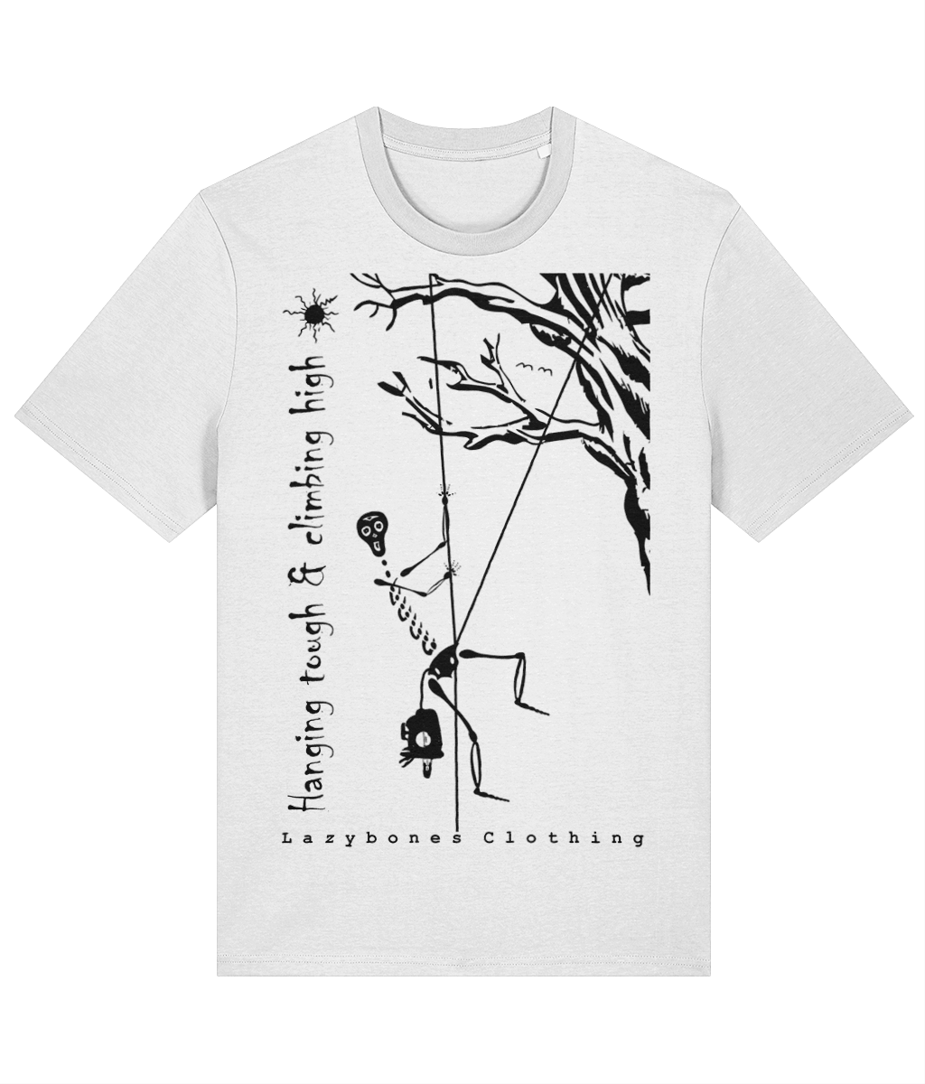 This T-shirt has the words hanging tough and climbing high. It features a skeleton hanging from a rope system from a tree