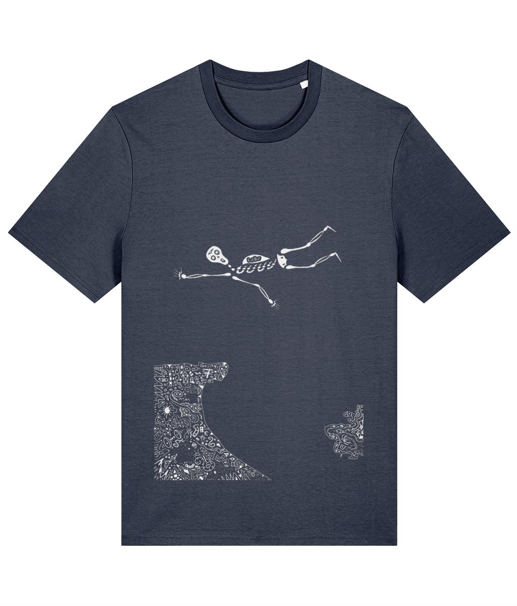 Round-neck T-shirt made from organic cotton, showcasing a skeleton skydiver mid-descent, steering clear of an enigmatic town below. Sustainably crafted and ethically produced, this tee merges bold storytelling with eco-friendly style. Blue t-shirt with white artwork.