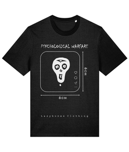 The words psychological warfare above a 6cm by 6cm screen image with a lazybones skeleton in it. The text and artwork are white on a black T-shirt.