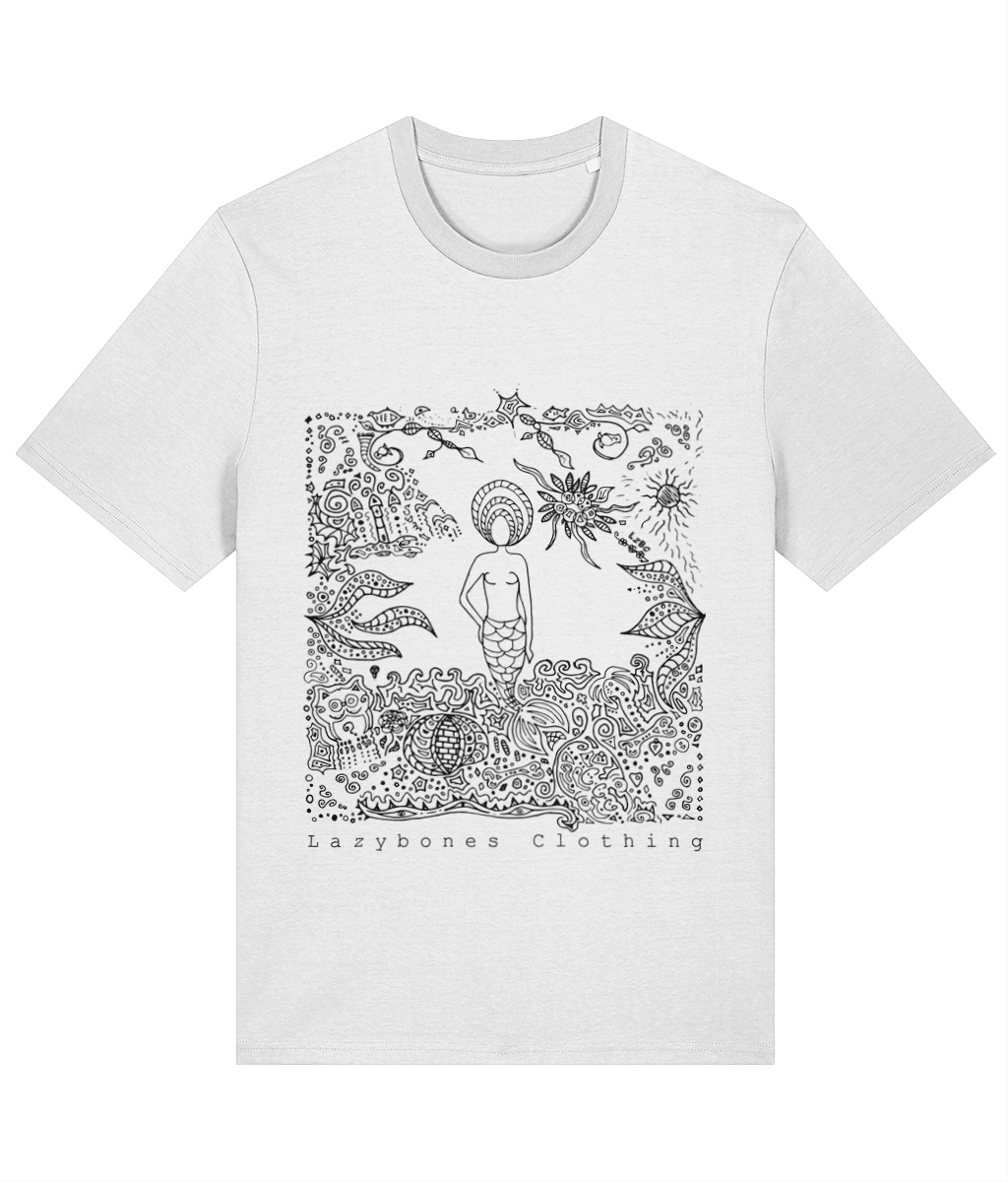 This is a mystical drawing of a mermaid among abstract shapes. Below the artwork is the text Lazybones Clothing. The artwork and text is in black on a white T-shirt.