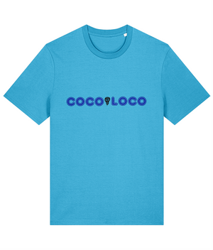 The words coco loco separated by the lazybones skull, the text is in blue and the skull in black on a aqua blue T-shirt.