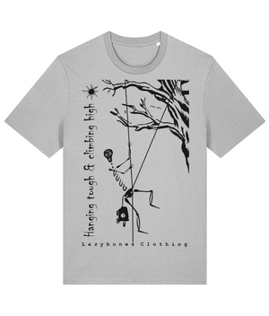 This T-shirt has the words hanging tough and climbing high. It features a skeleton hanging from a rope system from a tree