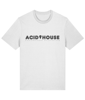 The words acid house in capital letters separated by a skull. Below it says lazybones Clothing with spaced out letters. The text and artwork are in black on a white t-shirt