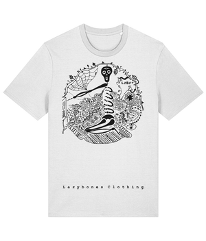 This is the third Lazybones skeleton drawing. It's skeleton kneeling down on a flying carpet turning off a TV with lots of doodles around it. It's a round design with the words Lazybones Clothing at the bottom. The text and image are in black on a white T-shirt.