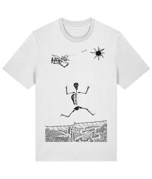 White organic cotton round-neck T-shirt featuring black artwork of a skeleton skydiving out of a plane, showing the fingers in a rock symbol. Sustainably sourced and ethically made, this design combines bold adventure with eco-conscious style.