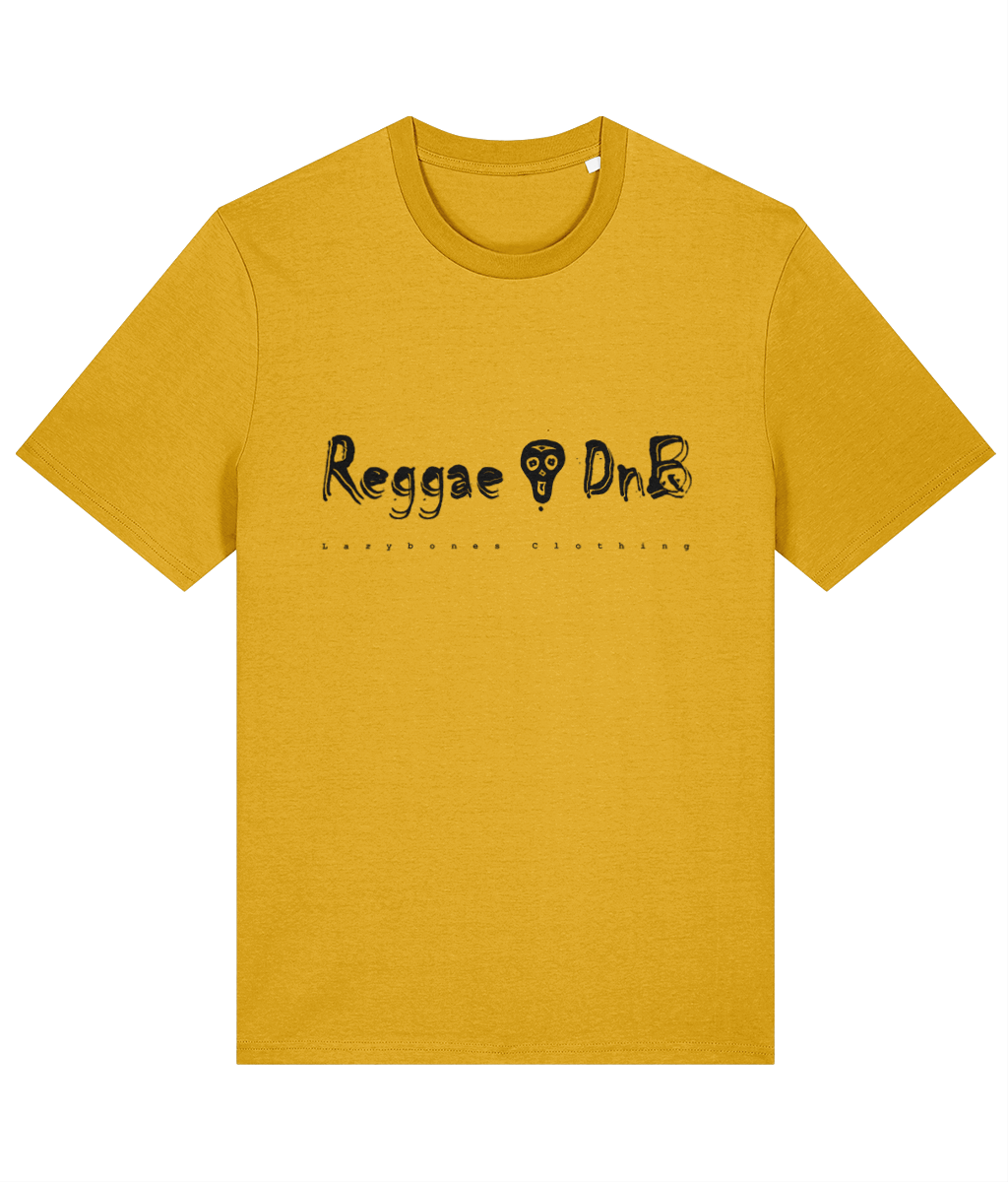 The words reggae DnB divided by the Lazybones skull. Below it says Lazybones clothing. The artwork and text are in black on a vibrant yellow T-shirt.